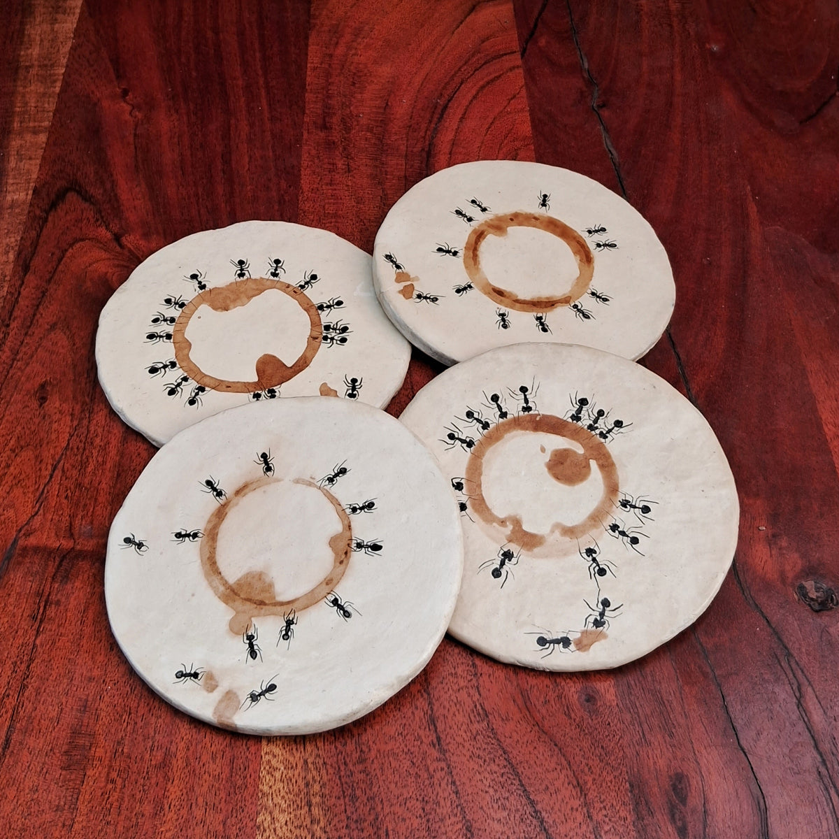 Papier-mache Coasters-Coffee stained Ants