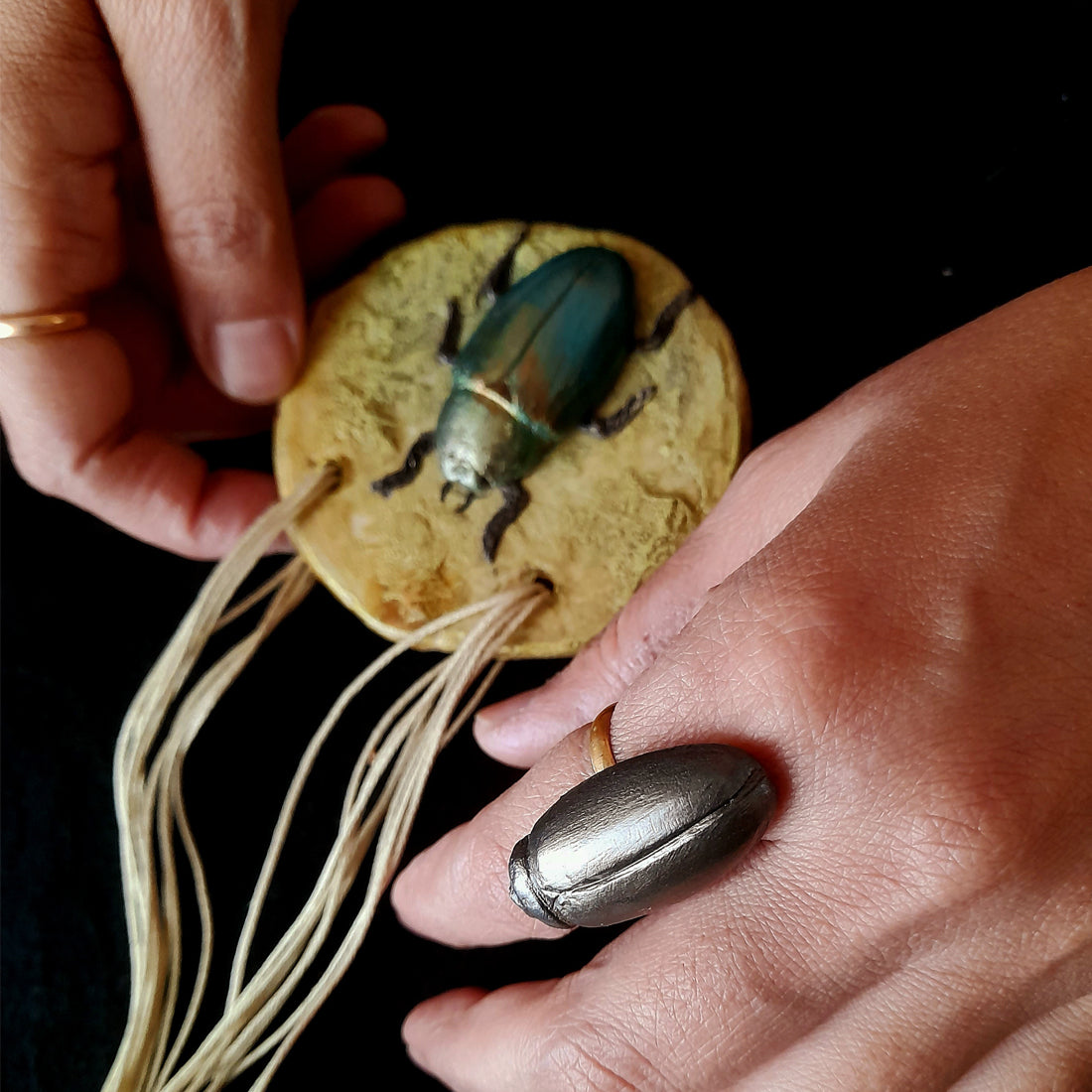 Handcrafted Papier-Mâché Beetle Pendant – Nature-Inspired Art Jewelry