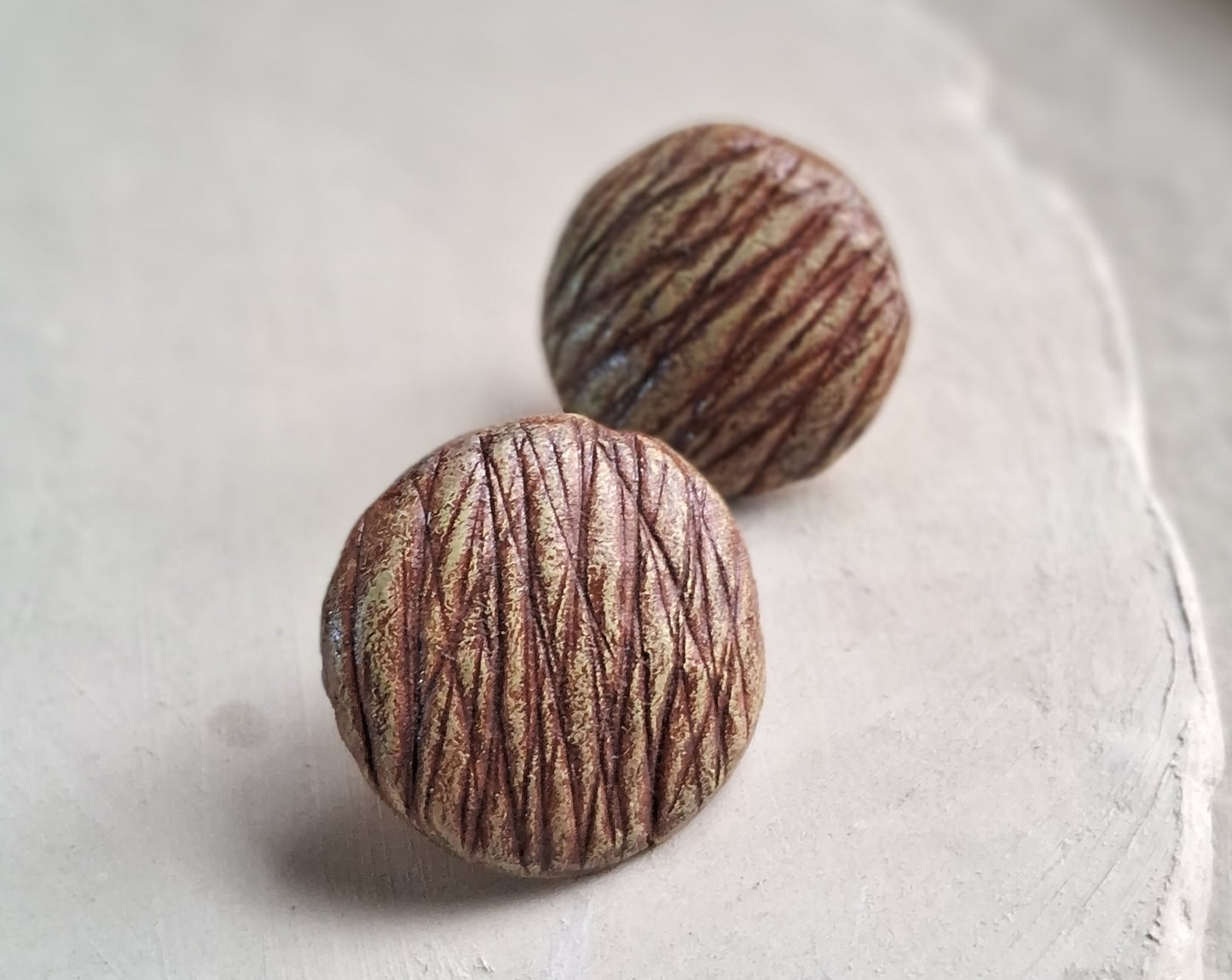 Handmade Papier-mache Stud Earrings-Green Textured