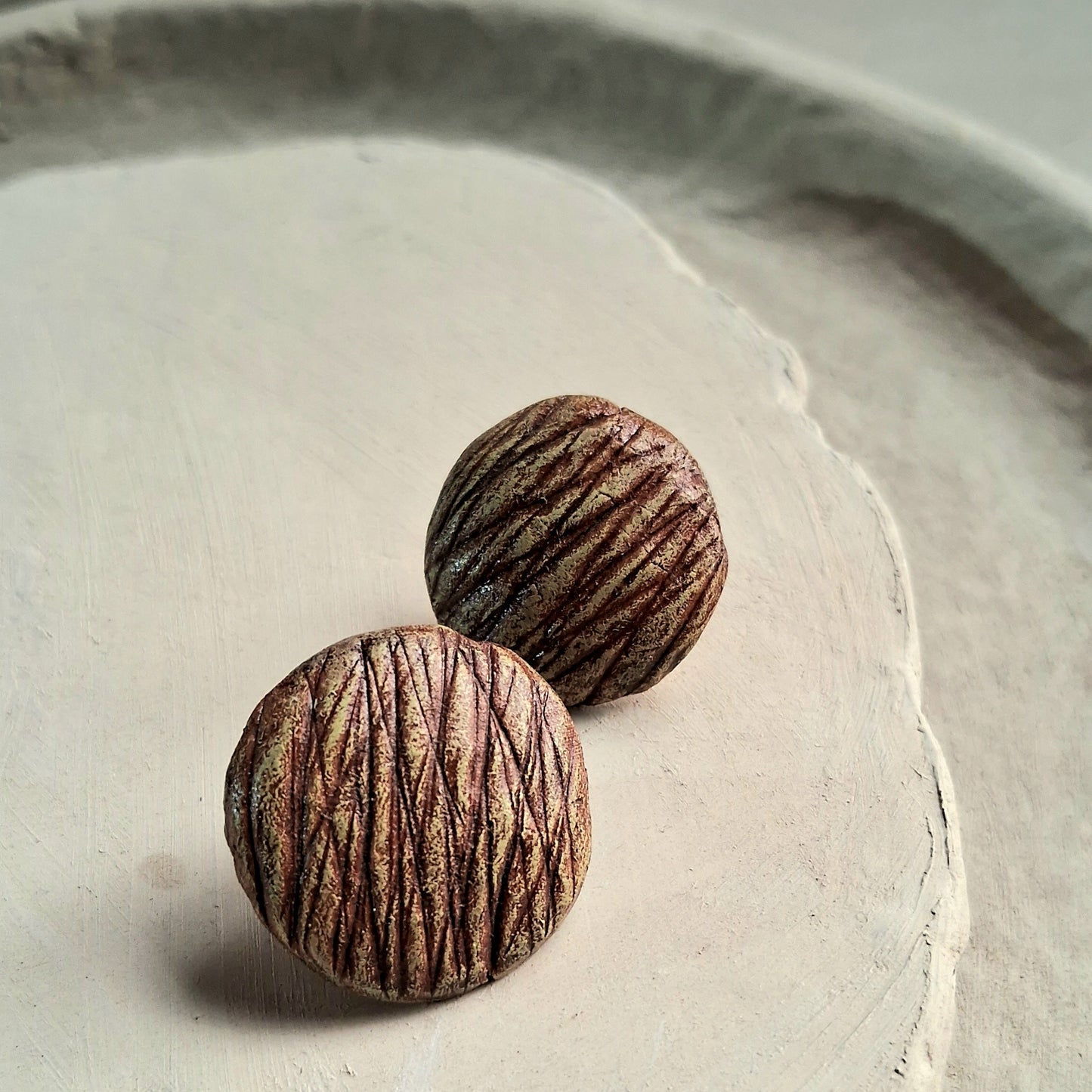 Handmade Papier-mache Stud Earrings-Green Textured