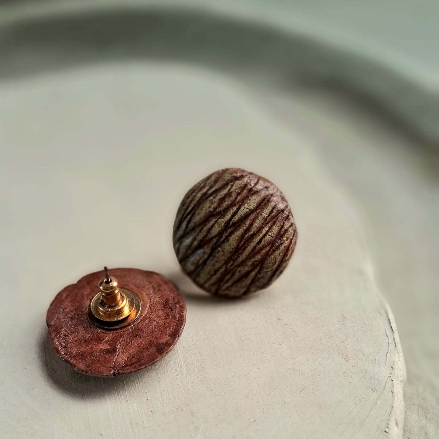 Handmade Papier-mache Stud Earrings-Green Textured