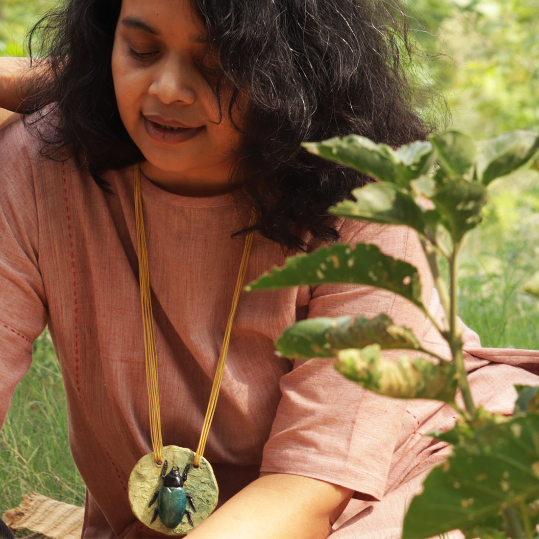 Handcrafted Papier-Mâché Beetle Pendant – Nature-Inspired Art Jewelry
