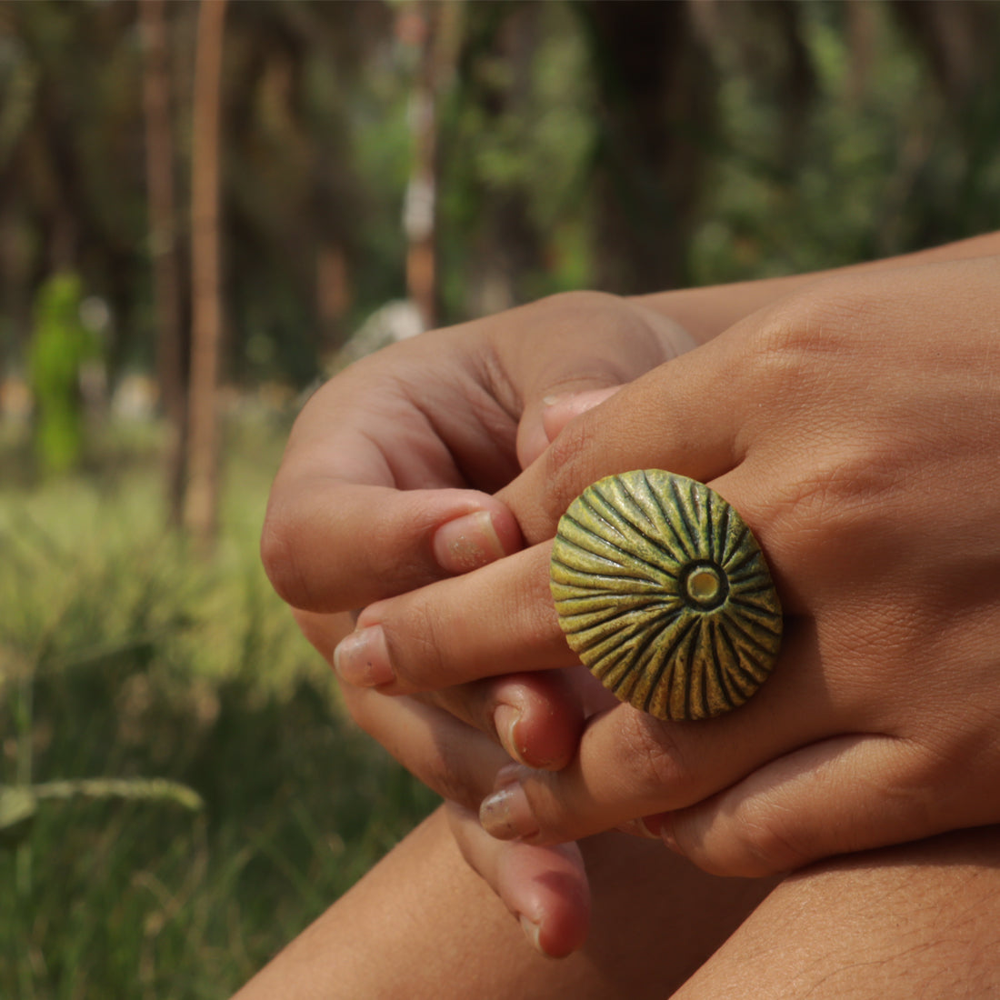 Papier-Mâché Finger Ring-Green-Mushroom
