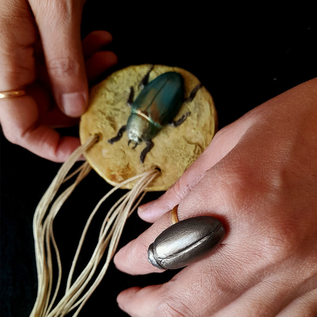 Handcrafted Papier-Mâché Beetle Pendant – Nature-Inspired Art Jewelry