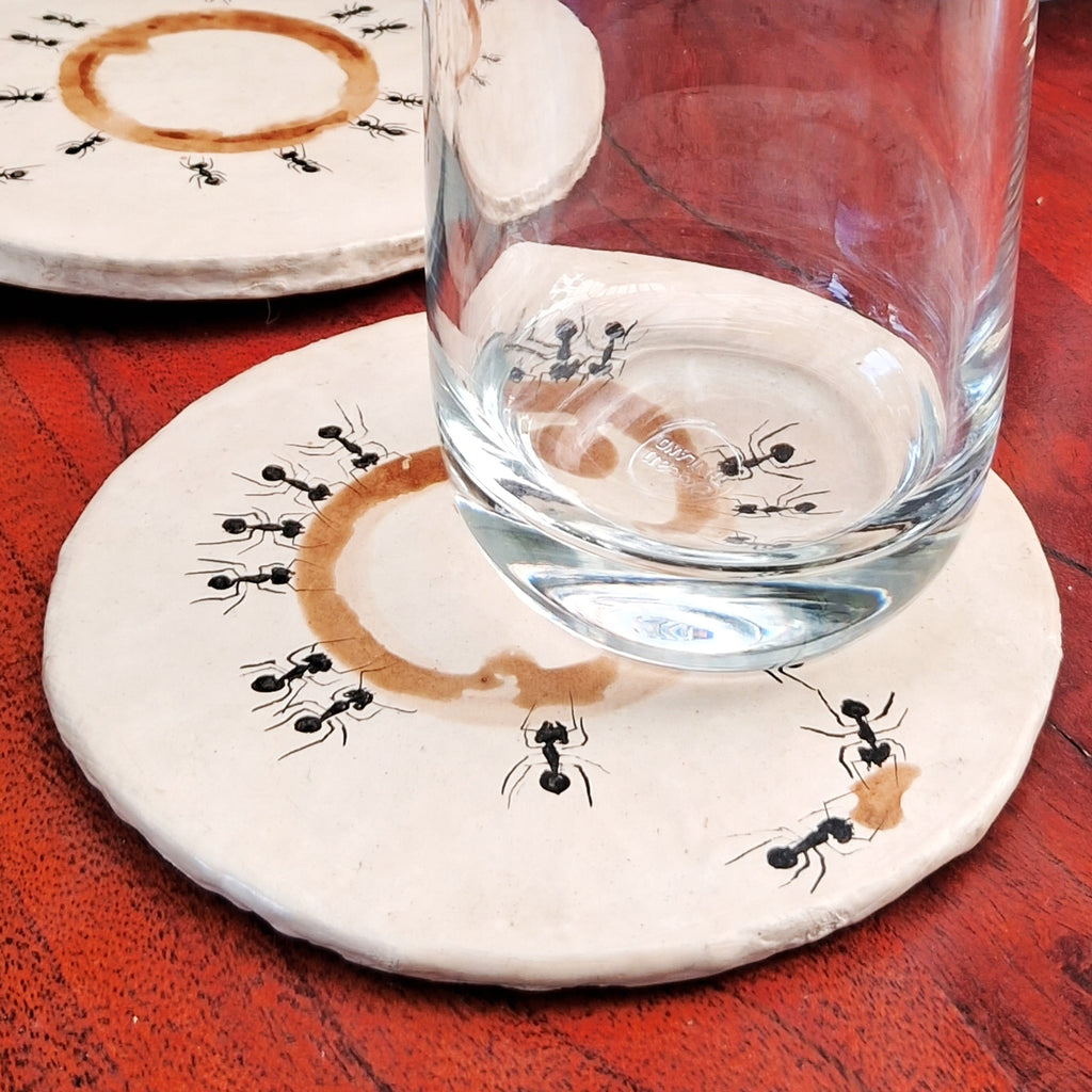 Papier-mache Coasters-Coffee stained Ants
