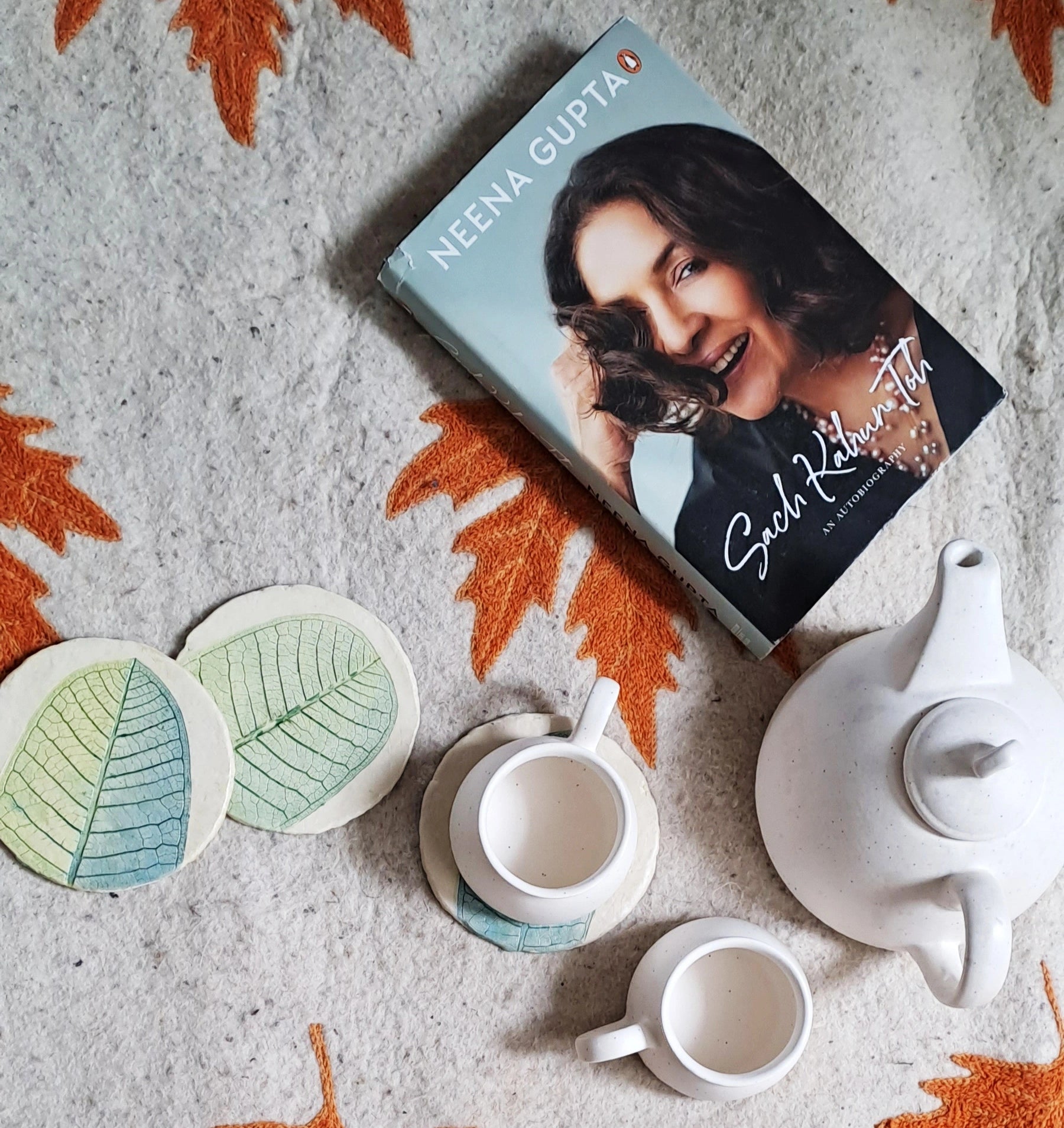 Papier-mache coasters-Blue Champa leaf