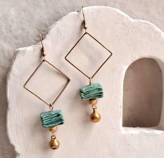 Papier-mache Square Dangler Earrings-Blue