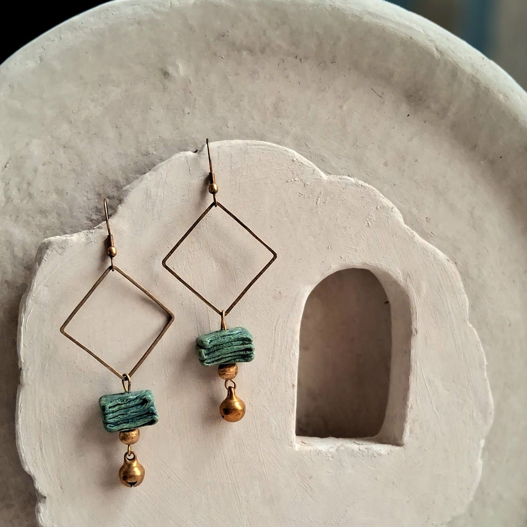 Papier-mache Square Dangler Earrings-Blue