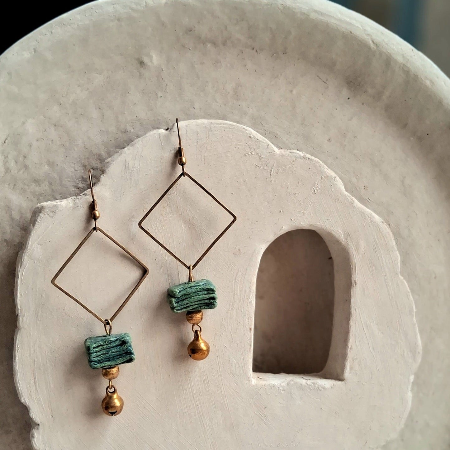 Papier-mache Square Dangler Earrings-Blue