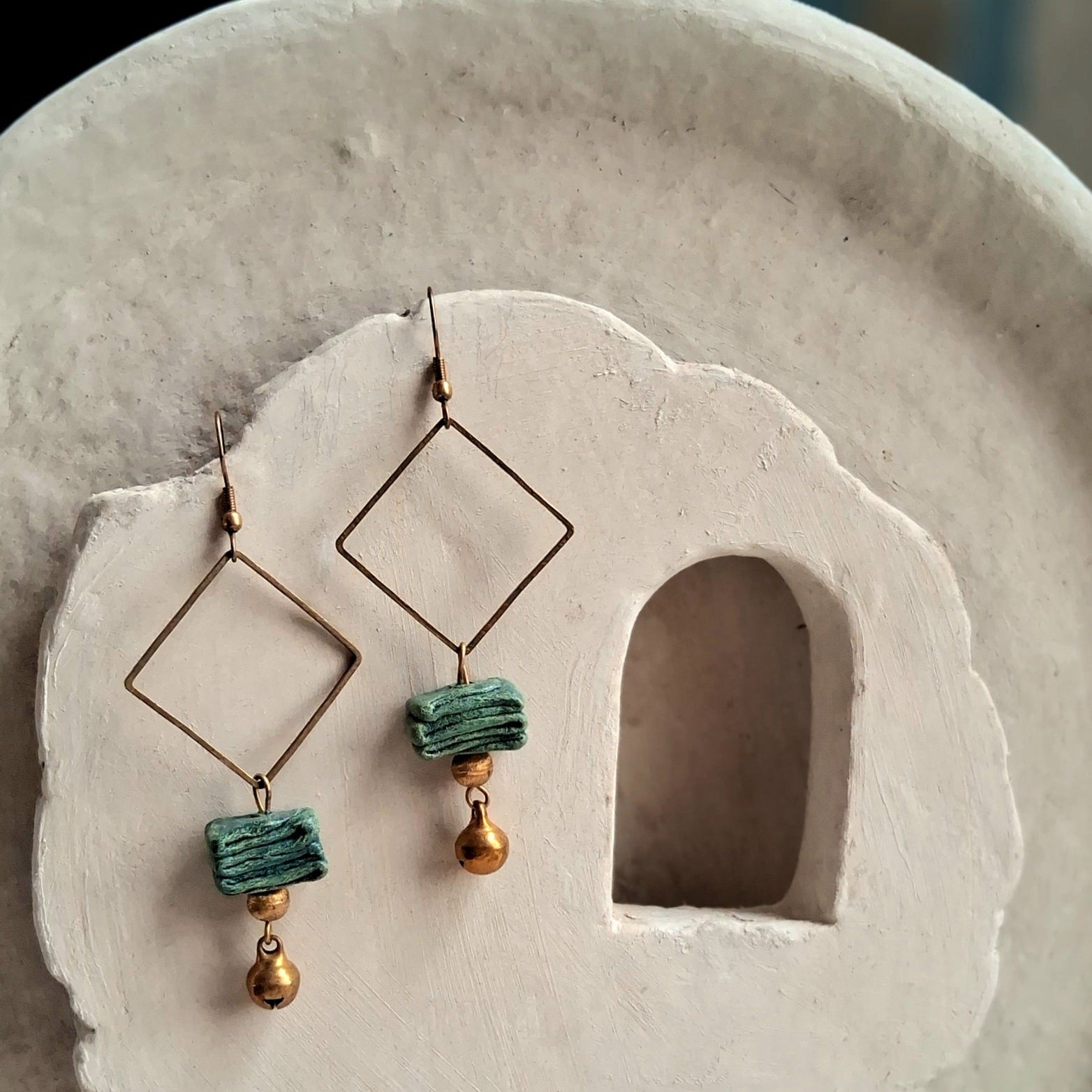 Papier-mache Square Dangler Earrings-Blue