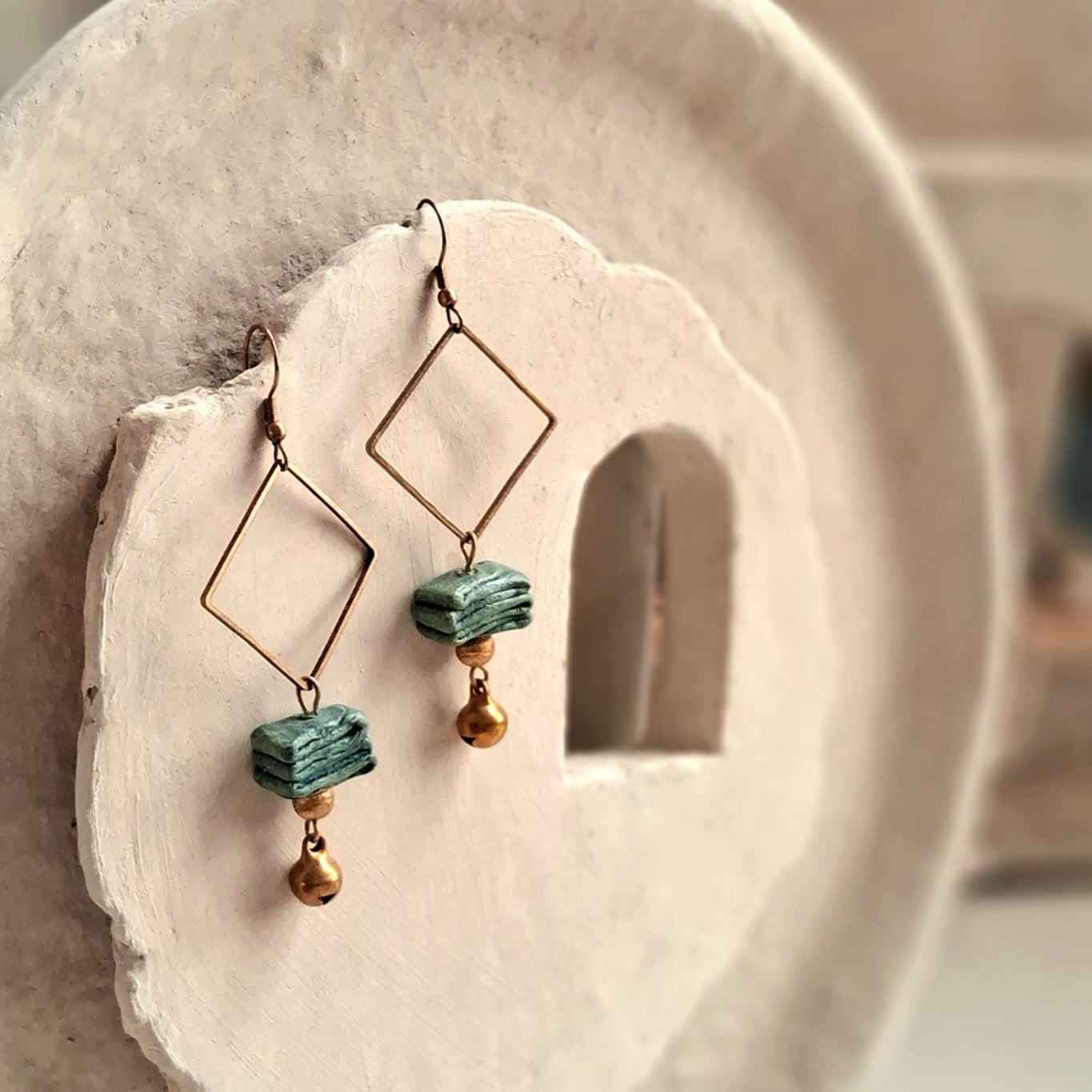 Papier-mache Square Dangler Earrings-Blue