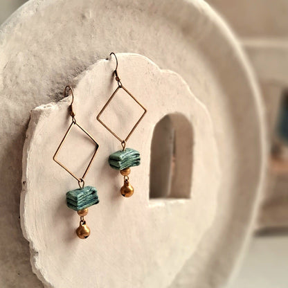 Papier-mache Square Dangler Earrings-Blue