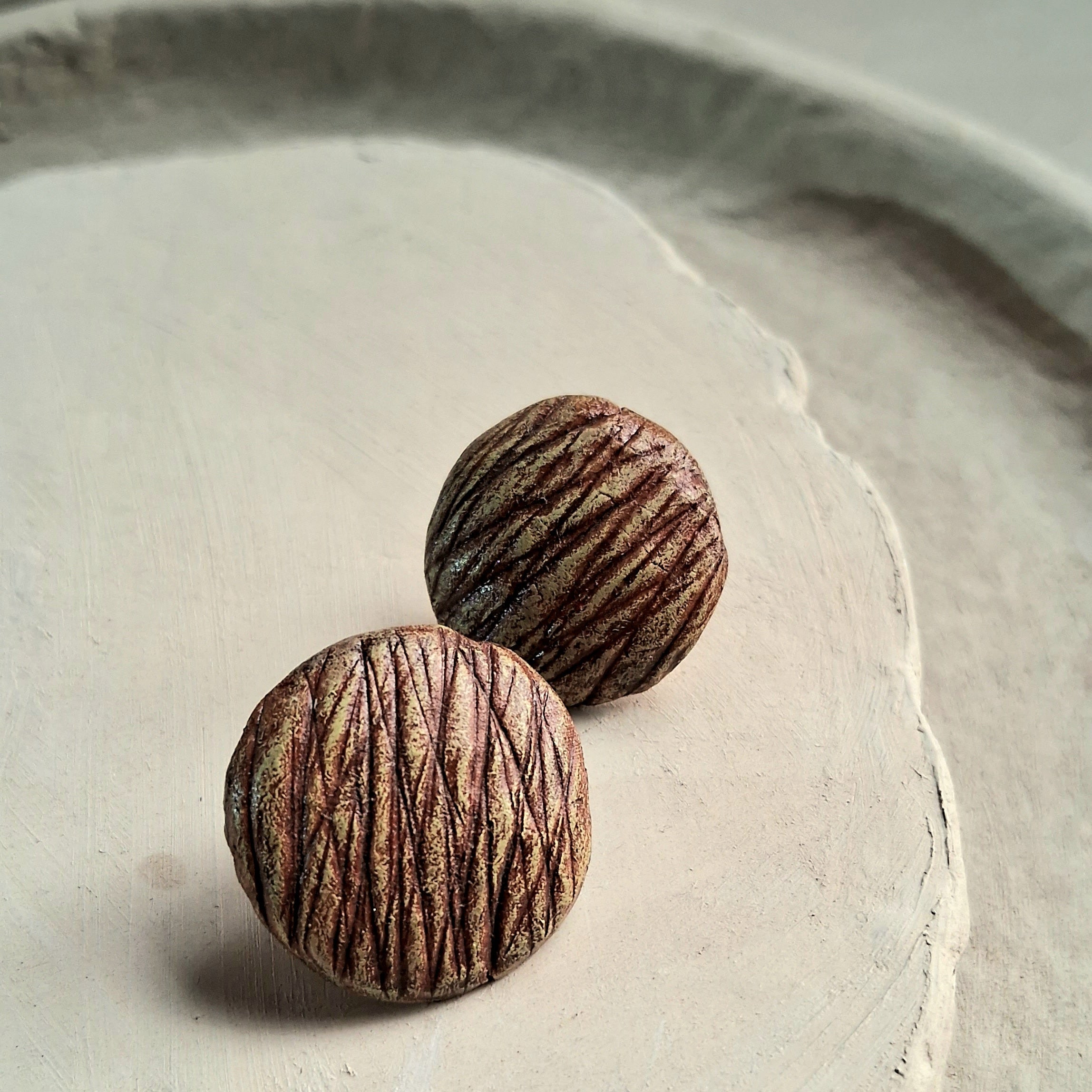 Handmade Papier-mache Stud Earrings-Green Textured