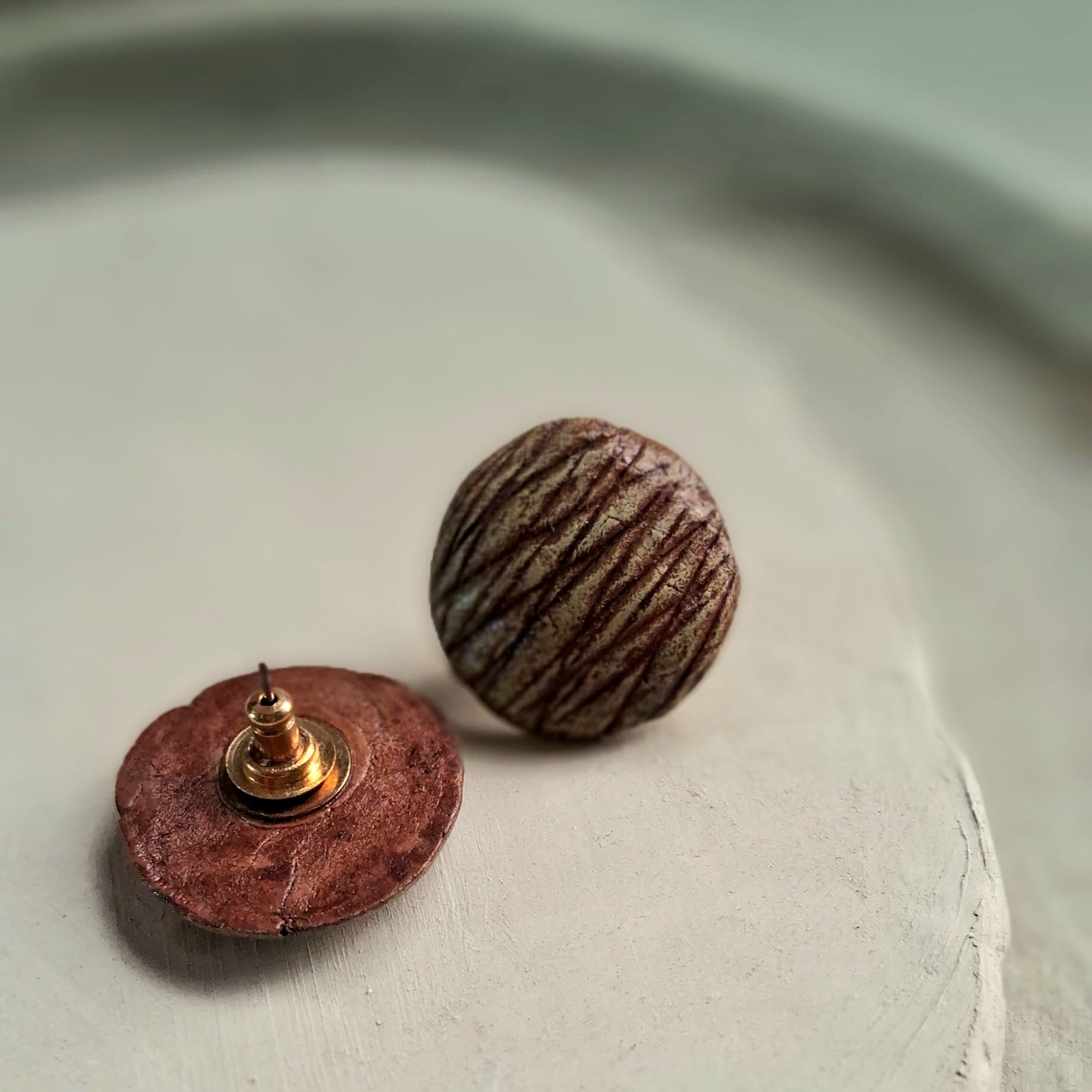 Handmade Papier-mache Stud Earrings-Green Textured
