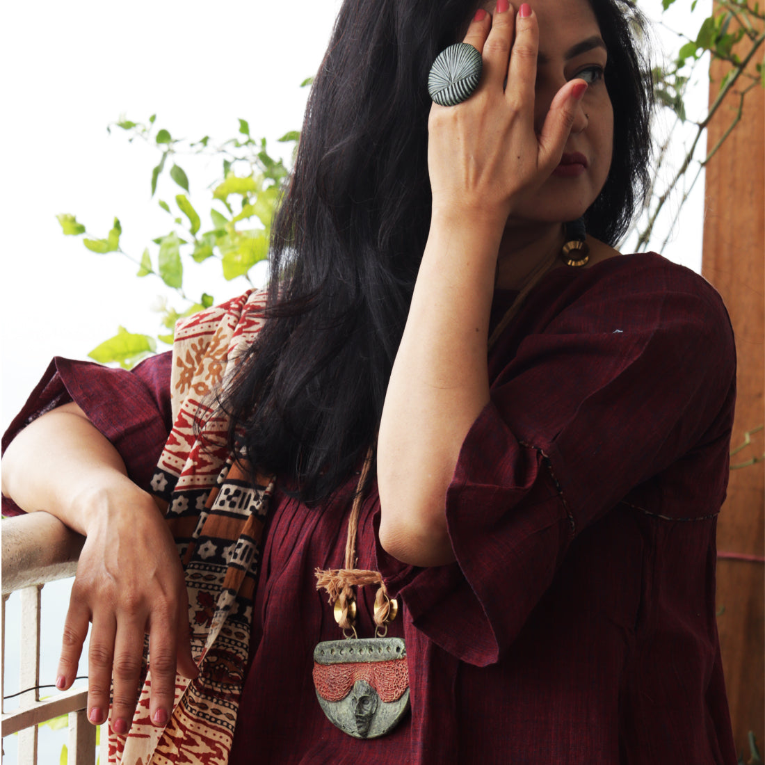 Tribal Face – Handcrafted Papier-Mâché Pendant with Native Elements