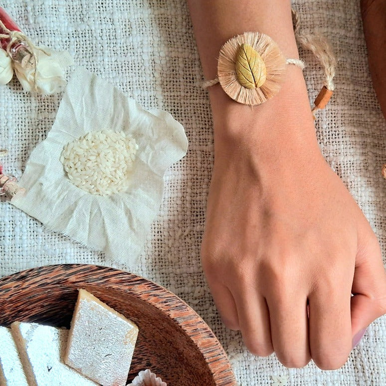 Handmade Papier-mache Rakhi-Twin-Leaf-Yellow