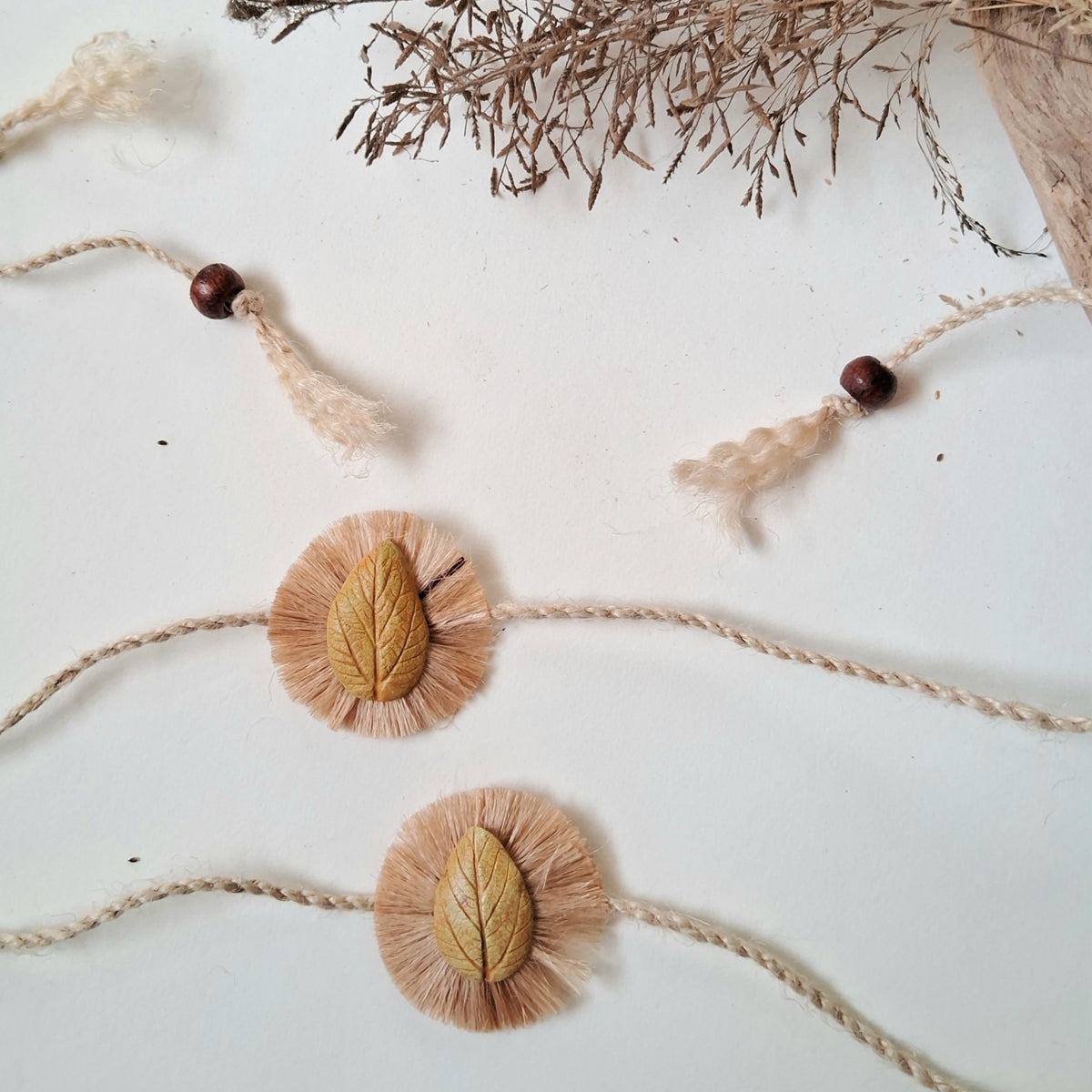 Handmade Papier-mache Rakhi-Twin-Leaf-Yellow