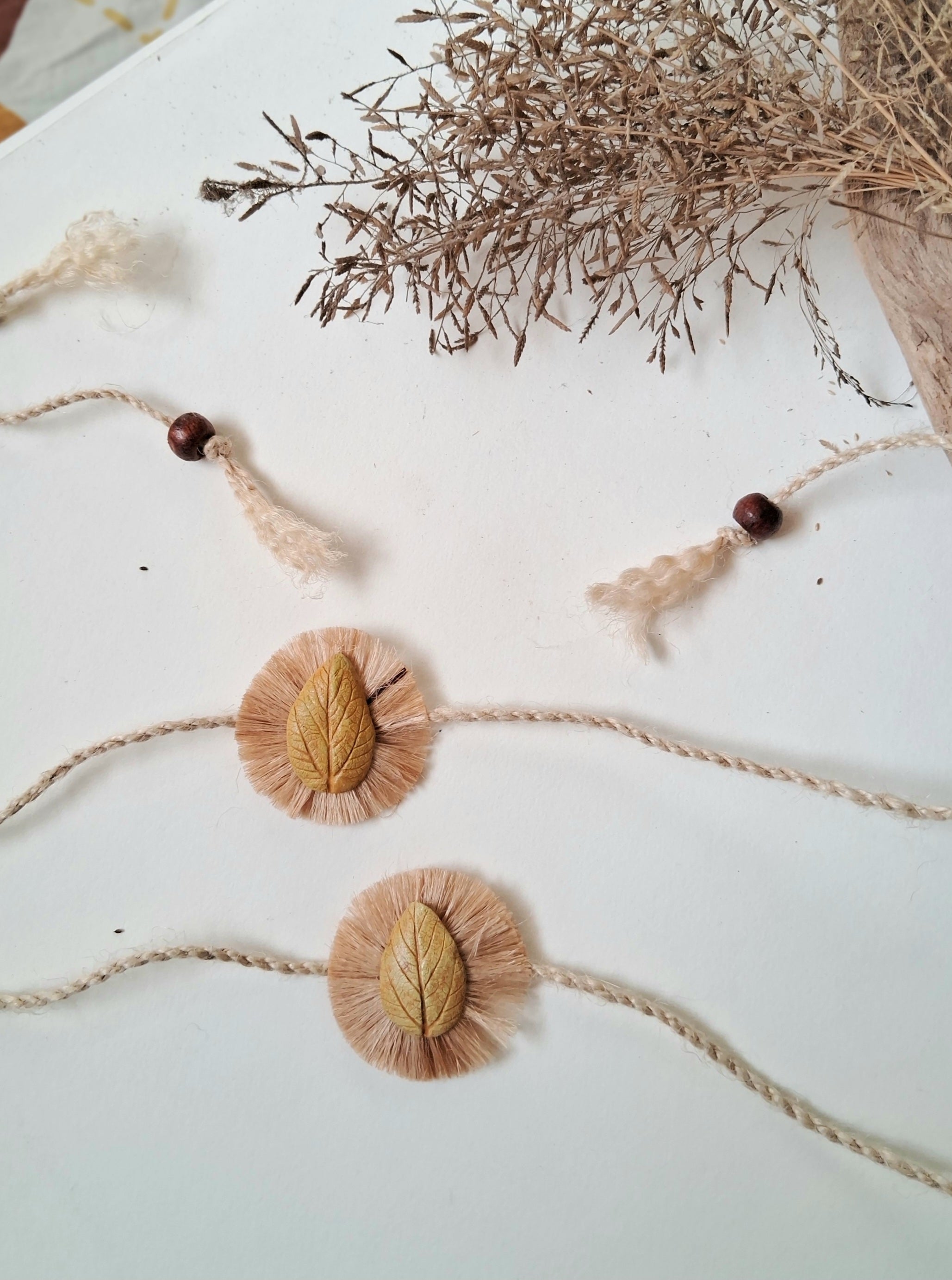 Handmade Papier-mache Rakhi-Twin-Leaf-Yellow