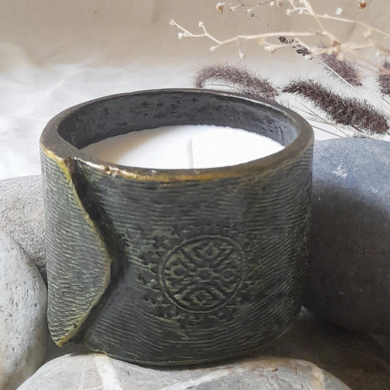 Papier-Mâché Candle Holder-Budha Symbol Motif-Black