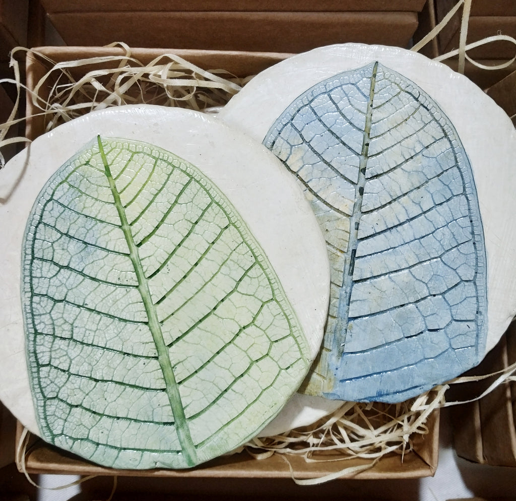 Papier-mache coasters-Blue Champa leaf