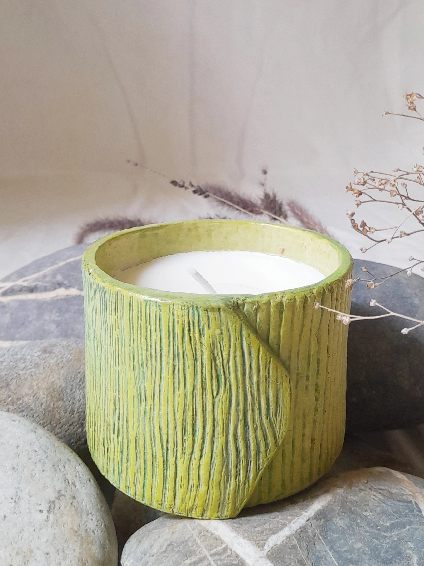 Handcrafted Papier-Mâché Candle Holder-Green