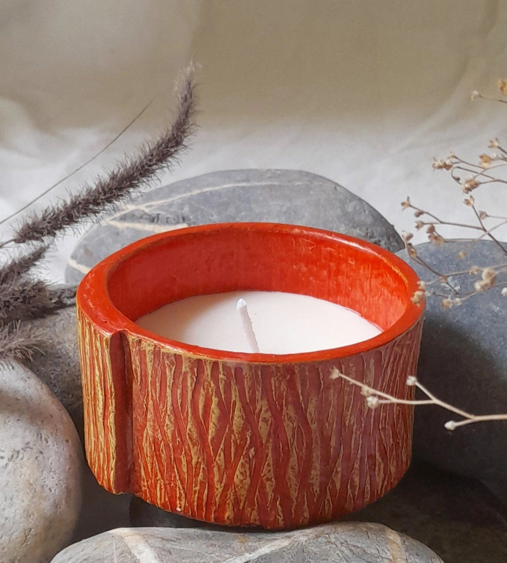 Handcrafted Papier-Mâché Candle Holder-Red Texture