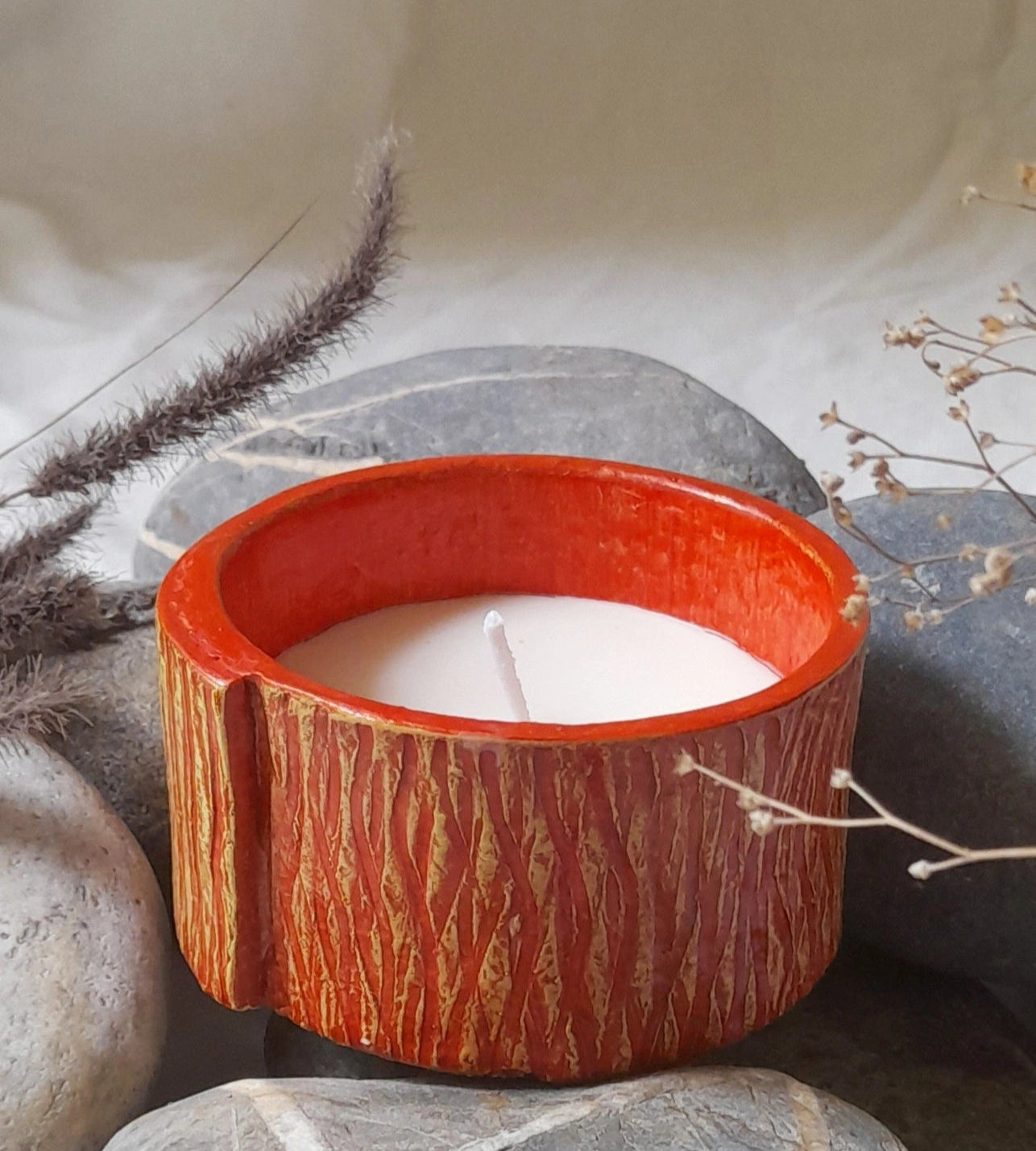 Handcrafted Papier-Mâché Candle Holder-Red Texture