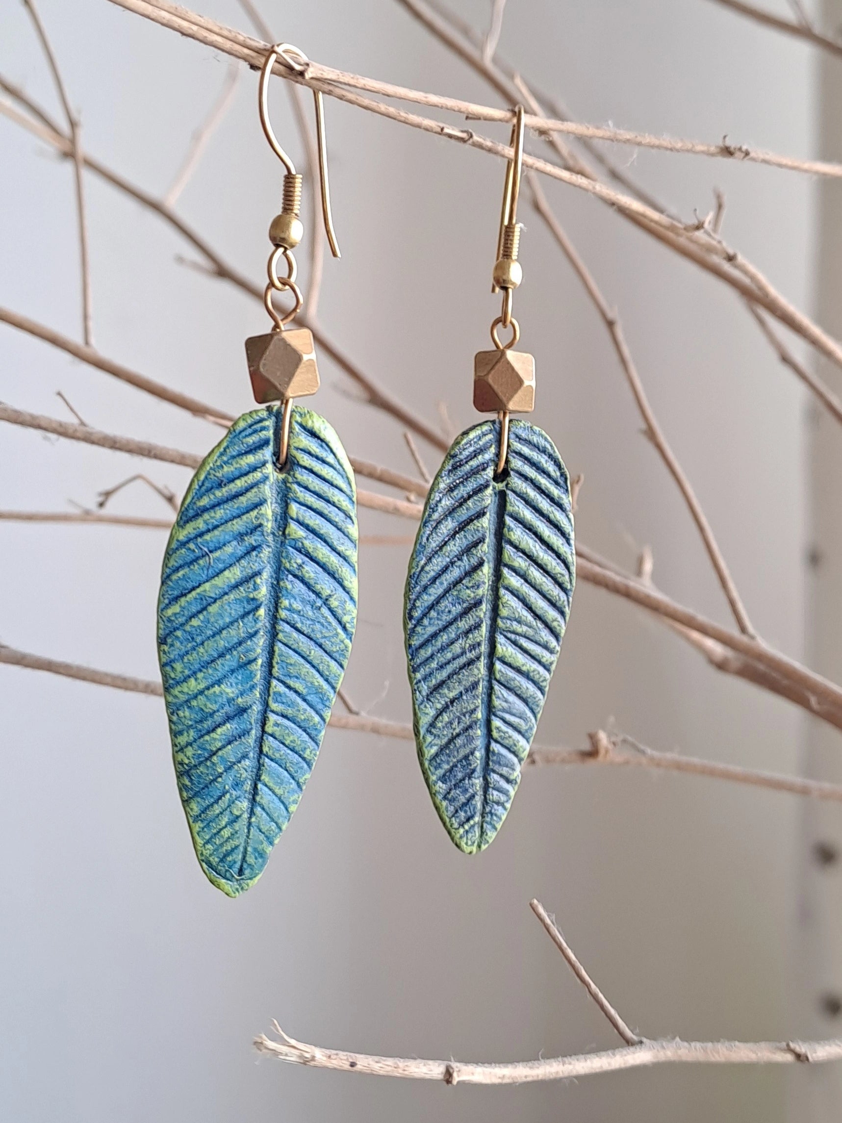 Papier-mache Earring-Blue Leaf