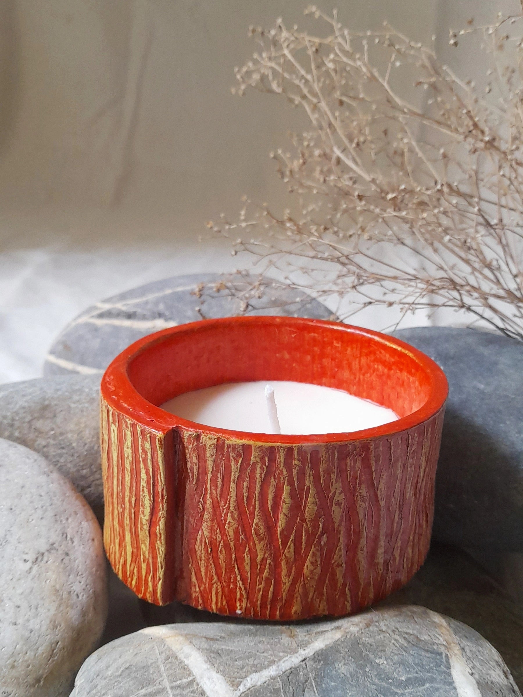 Handcrafted Papier-Mâché Candle Holder-Red Texture