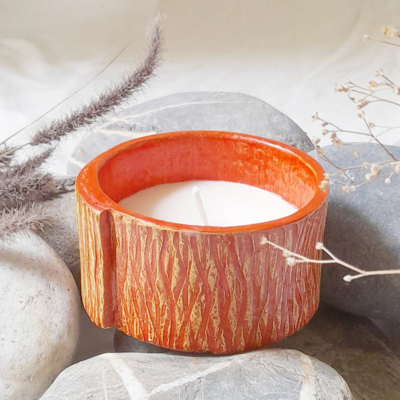 Handcrafted Papier-Mâché Candle Holder-Red Texture