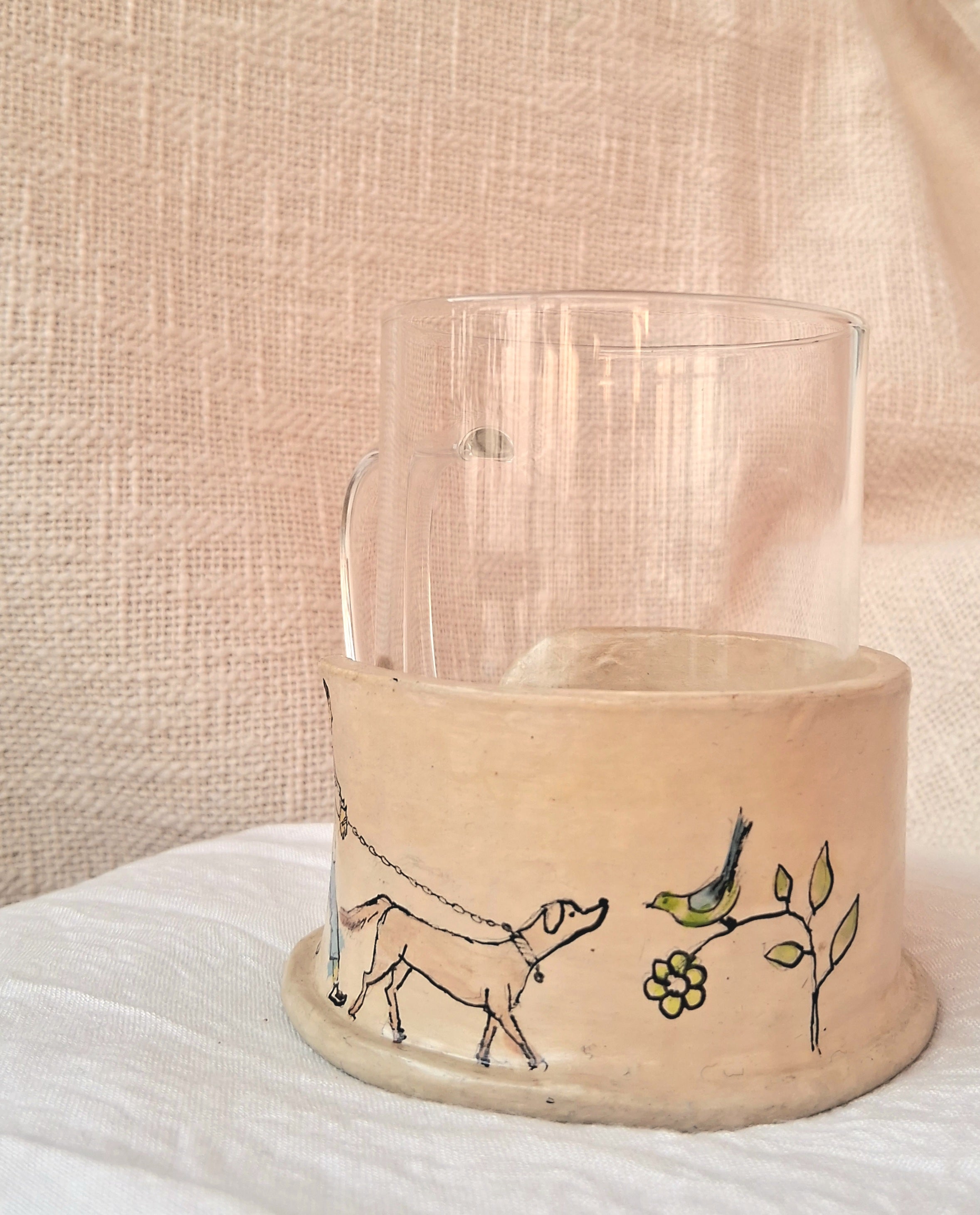 Papier-mache Mug holder-dog & Birds story