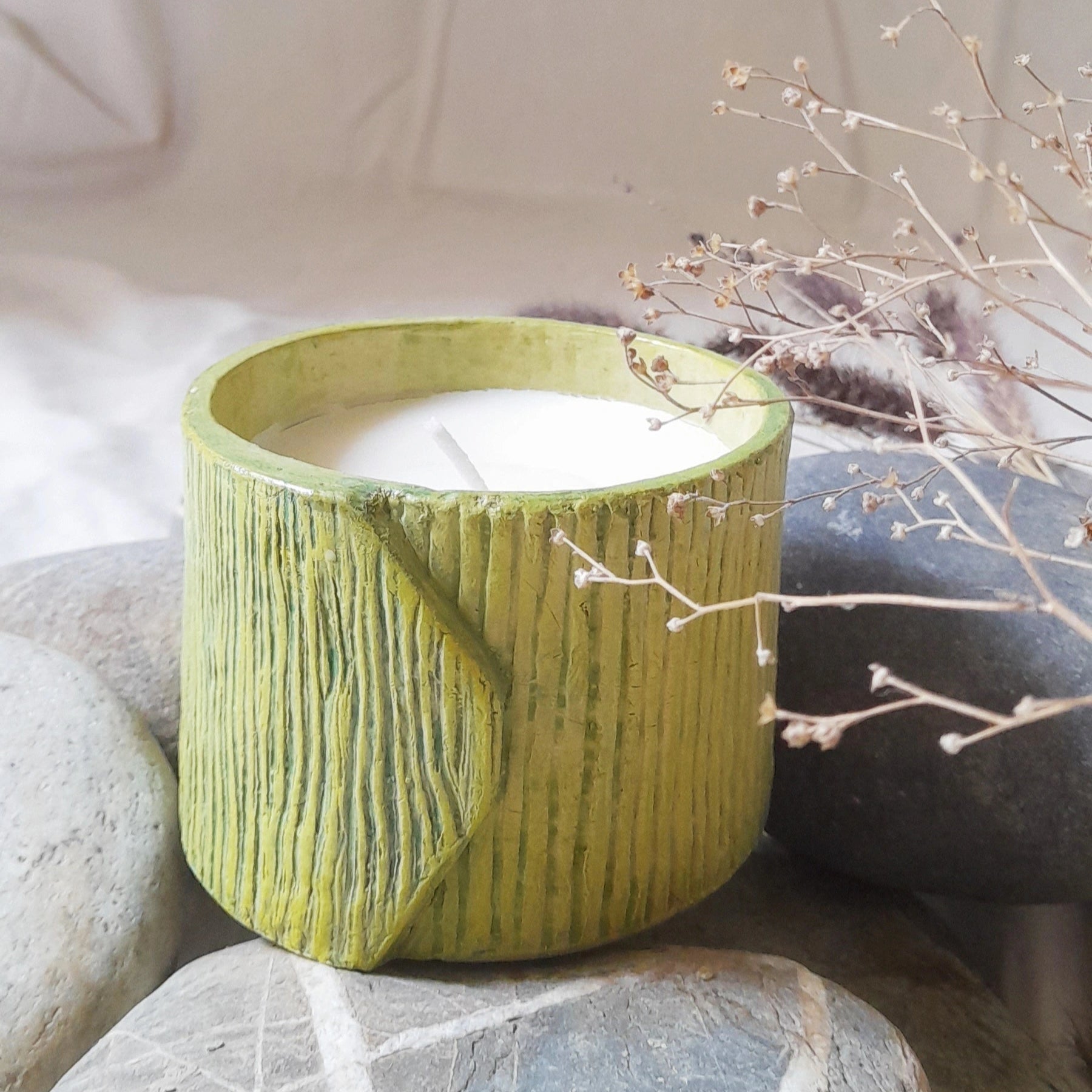 Handcrafted Papier-Mâché Candle Holder-Green