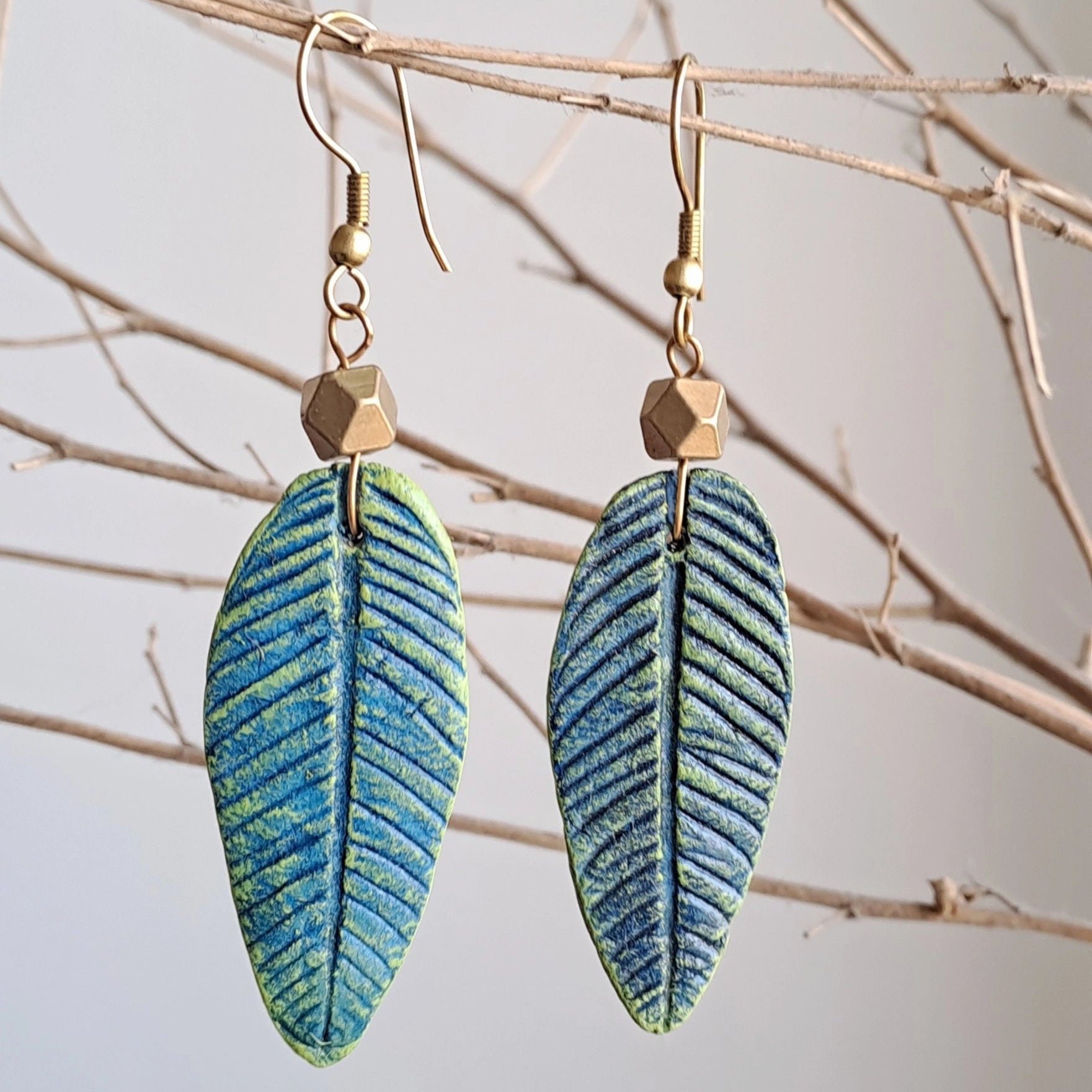 Papier-mache Earring-Blue Leaf